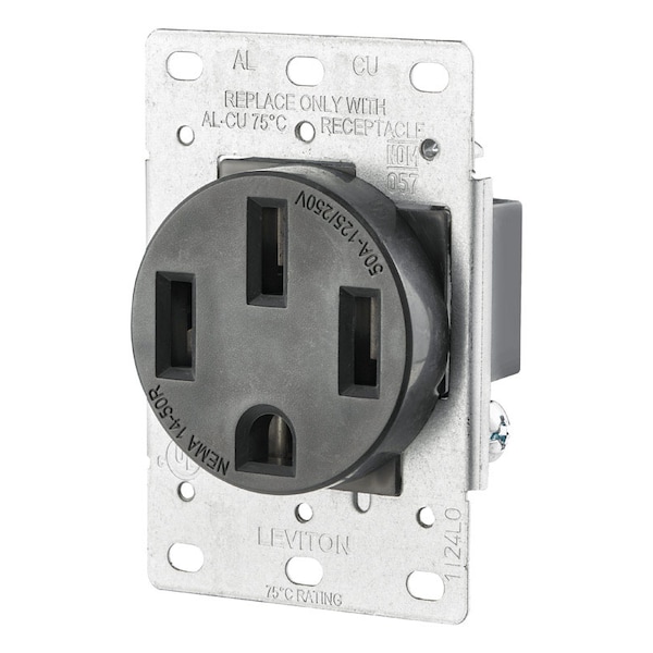 Leviton Straight Blade Receptacle, 14-50R, 50 A, 125/250V AC, 3 Pole, 4 Wire, Flush Mount, Grounded R10-00279-S00 - main